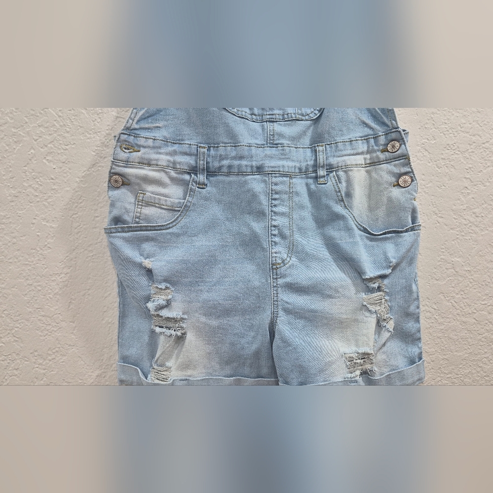 Light Blue Denim Overalls Shorts Size M/ L Destressed Y2k - Picture 10 of 11
